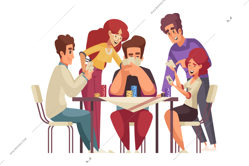 Group of happy friends playing poker cartoon vector illustration