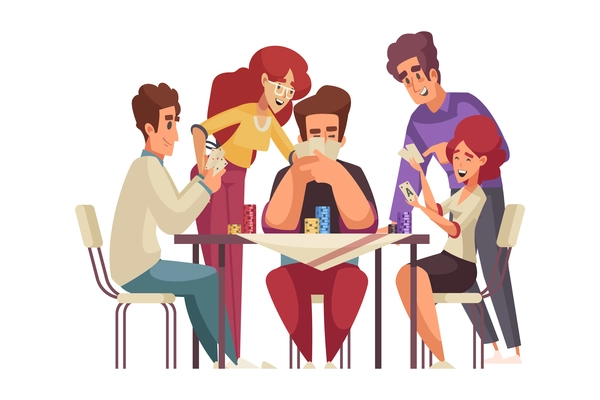 Group of happy friends playing poker cartoon vector illustration