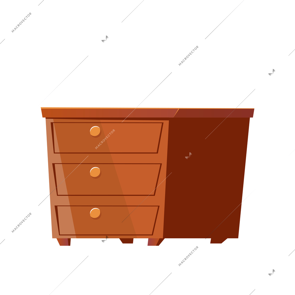 Flat furniture item icon with wooden chest of drawers on white backgroud vector illustration