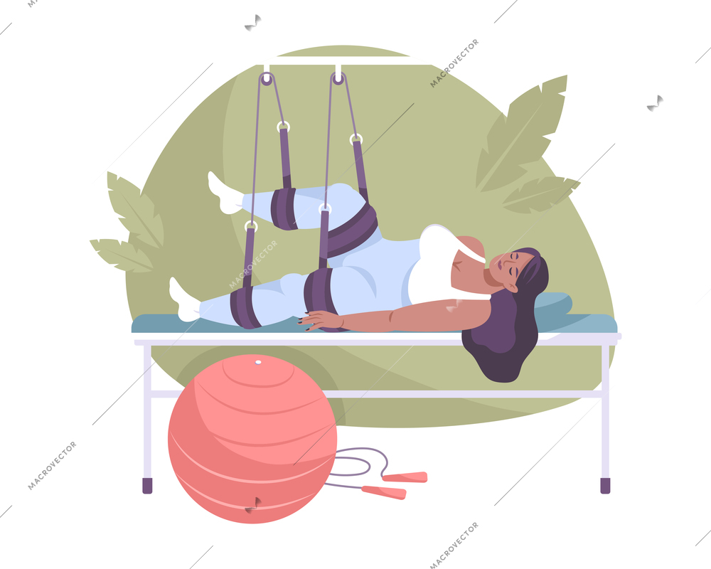 Woman with leg bone fracture in hospital flat composition vector illustration