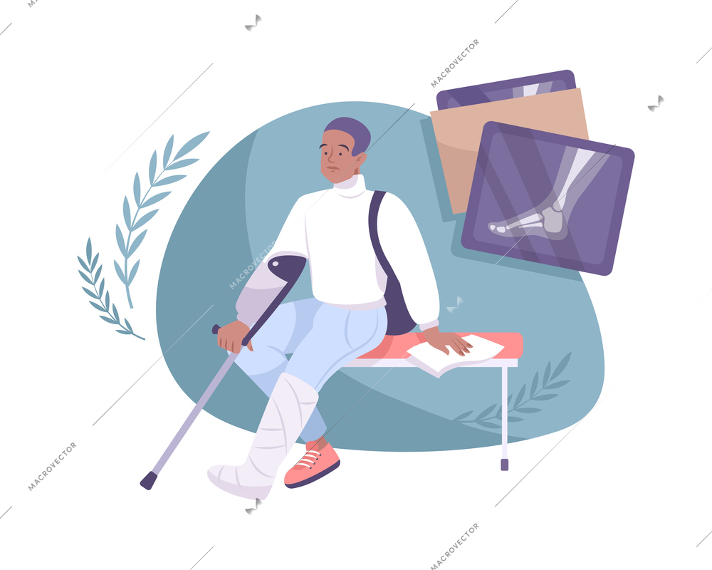 Flat fracture composition man with plaster cast on broken leg and xray pictures vector illustration