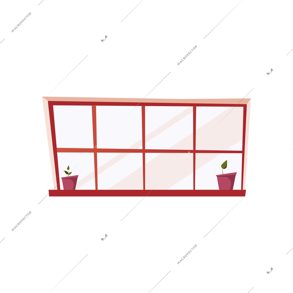 Flat icon of big house window with potted plants on sill vector illustration