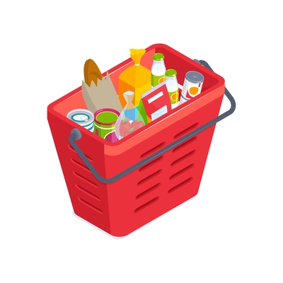 Isometric icon with supermarket shopping basket full of products vector illustration