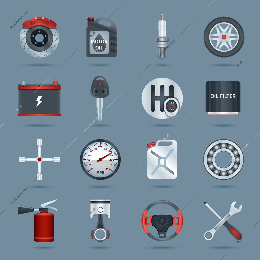 Car parts technology auto service icons set isolated vector illustration