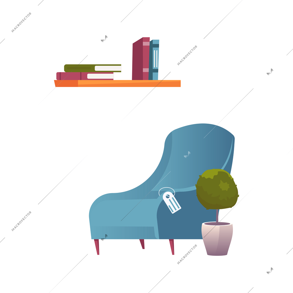 Blue armchair bookshelf and house plant in furniture store flat isolated vector illustration