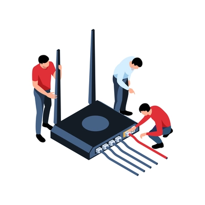 Sysadmins fixing internet router isometric icon on white background 3d vector illustration