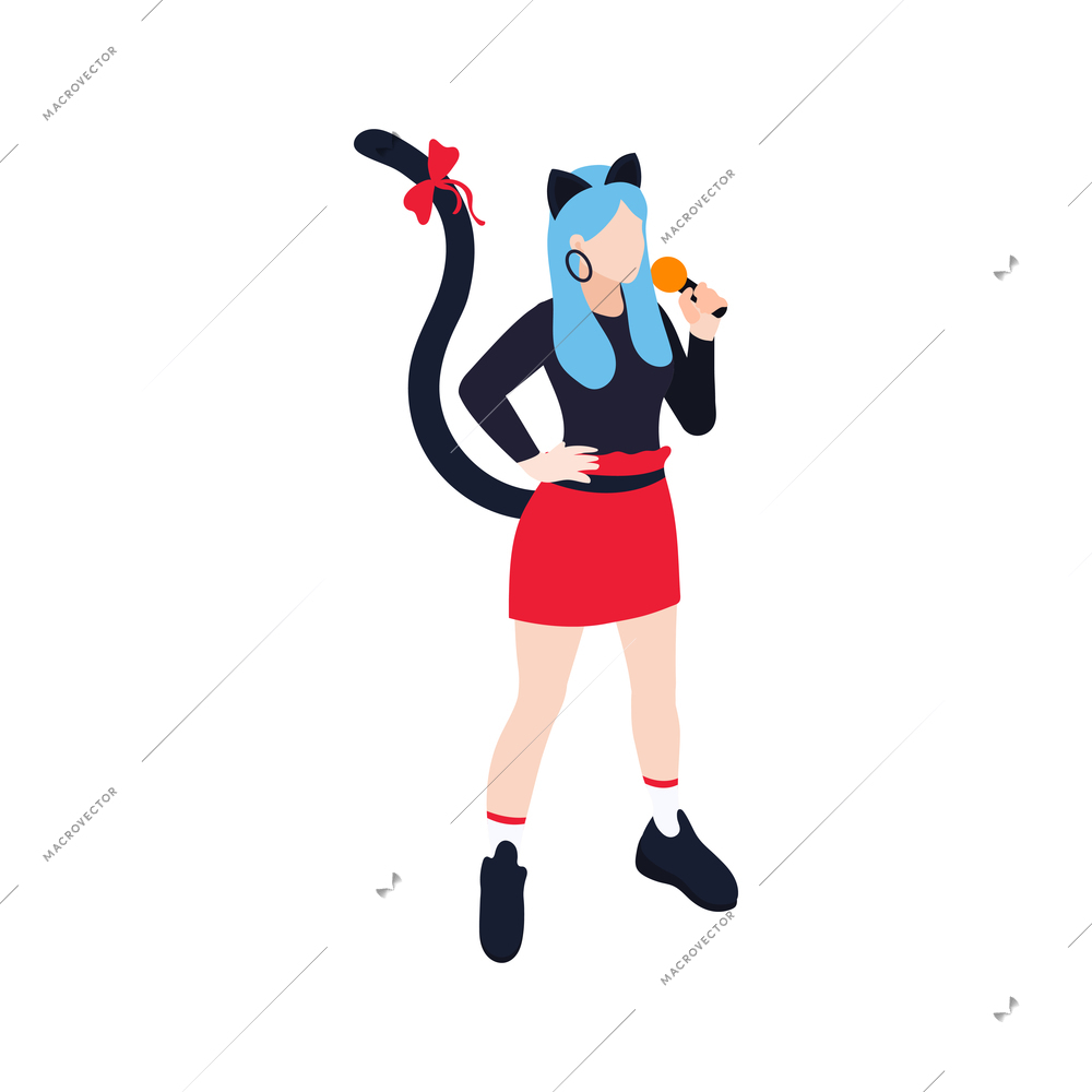 Girl kpop singer with microphone wearing costume with cat tail and ears on white background isometric vector illustration