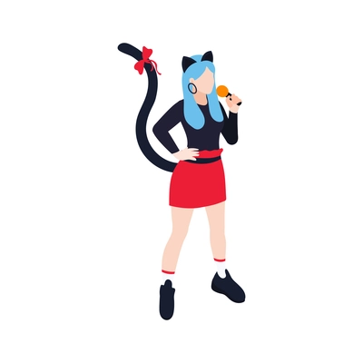 Girl kpop singer with microphone wearing costume with cat tail and ears on white background isometric vector illustration