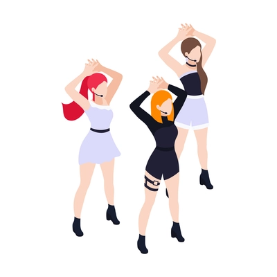 Performing on stage dancing group with three girls in short dresses isometric icon 3d vector illustration