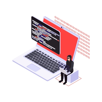 Cyber security isometric icon with computer and character of hacker vector illustration