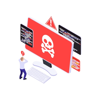 Isometric icon with terrified human character and computer virus 3d vector illustration