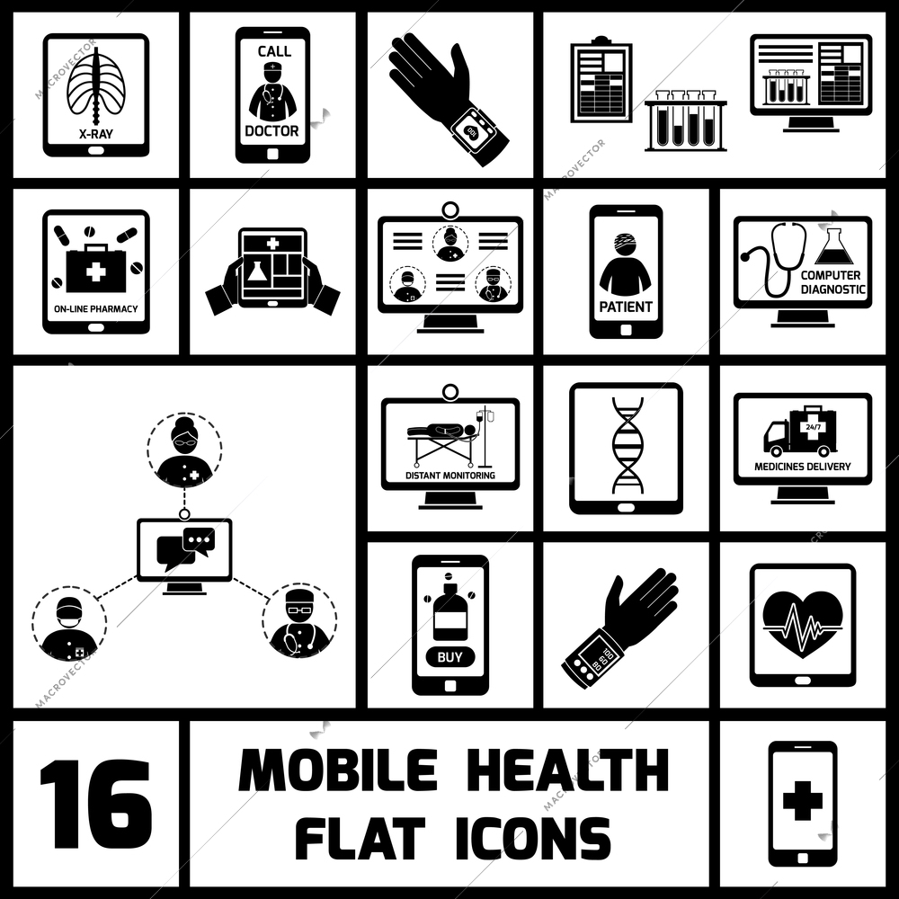 Mobile health call doctor distant monitoring icons black set isolated vector illustration