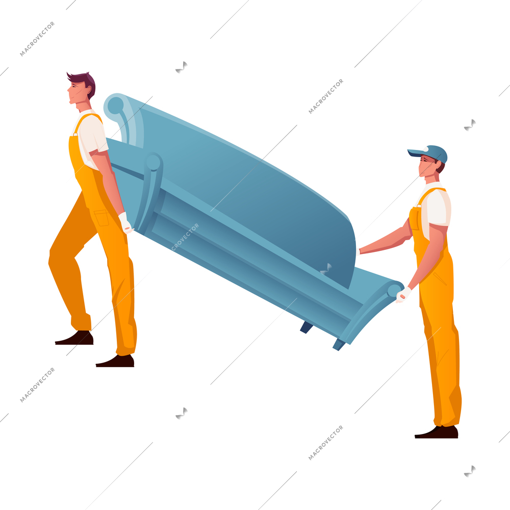Two workers in uniform carrying sofa flat vector illustration