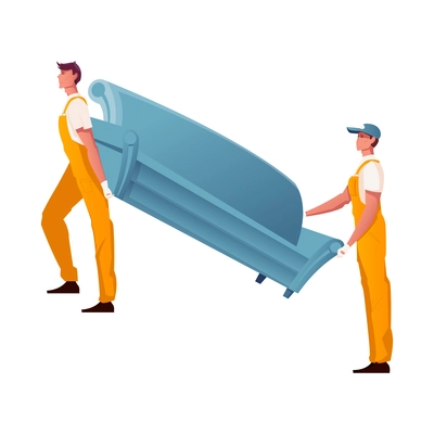 Two workers in uniform carrying sofa flat vector illustration