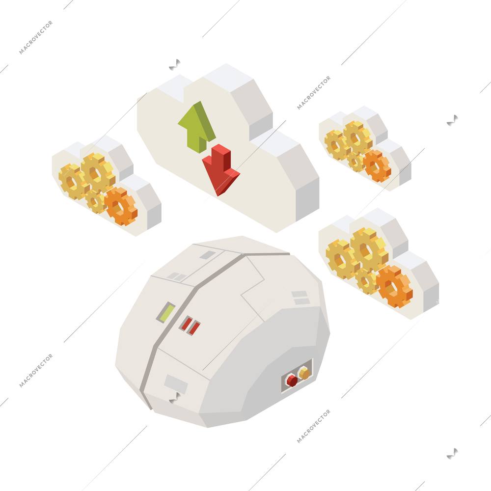 Artificial intelligence isometric concept with electronic brain and cloud data storage 3d vector illustration