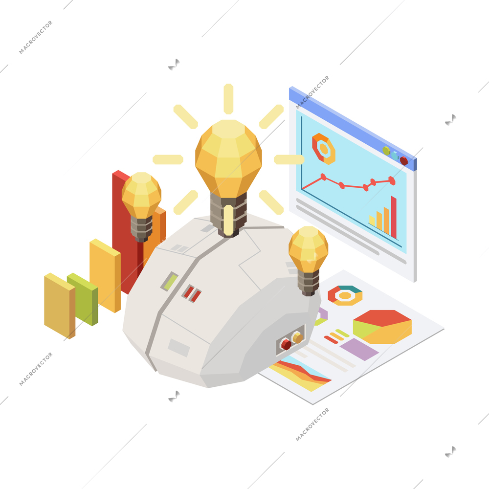 Isometric concept with digital brain light bulbs and charts 3d vector illustration