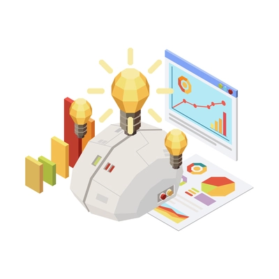 Isometric concept with digital brain light bulbs and charts 3d vector illustration