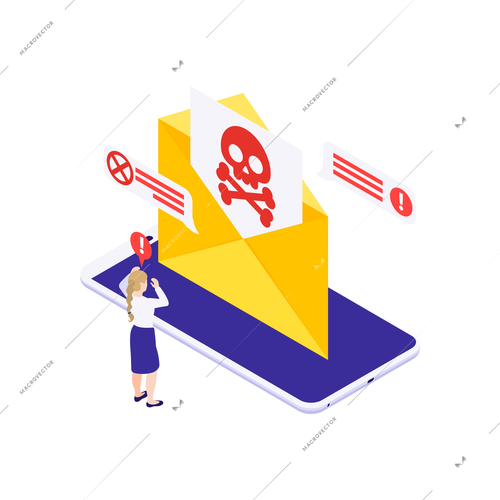 Data protection concept with panicking woman getting spam message on smartphone isometric vector illustration