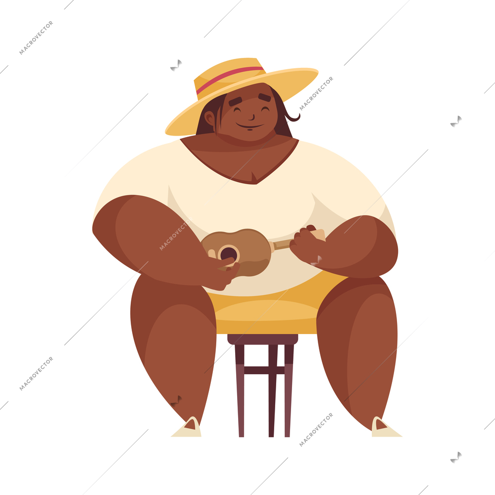 Chubby smiling character playing small hawaiian guitar cartoon vector illustration