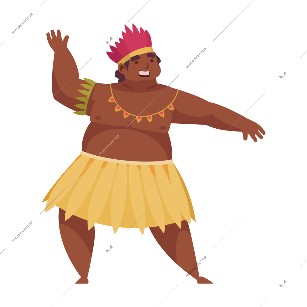 Hawaiian male dancer in folk costume dancing hula on white background cartoon vector illustration
