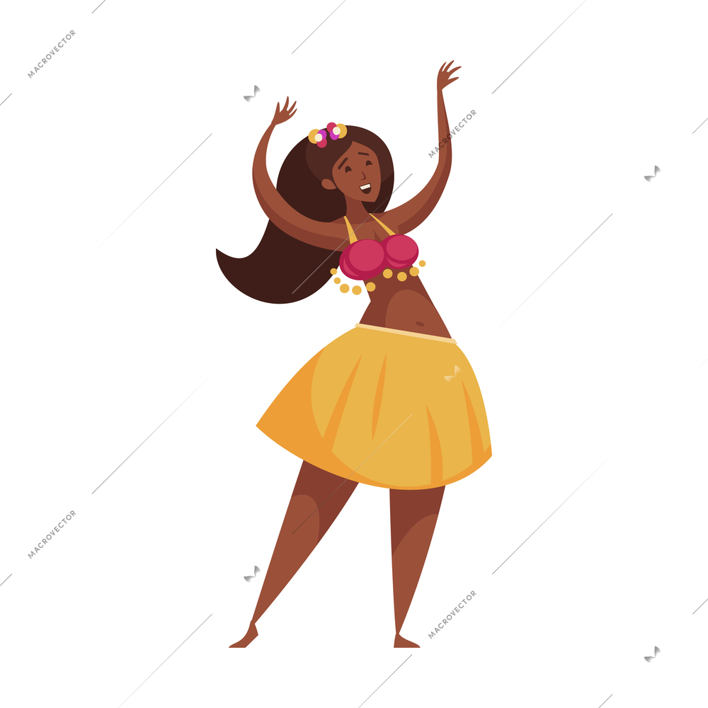 Beautiful woman with dark skin dancing hawaiian hula cartoon icon vector illustration