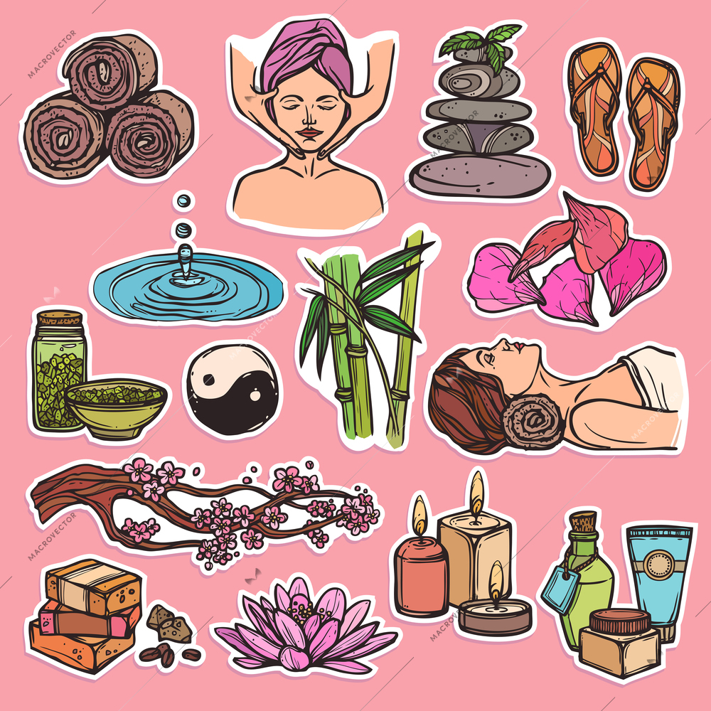 Spa therapy beauty health care wellness sketch color icons set isolated vector illustration