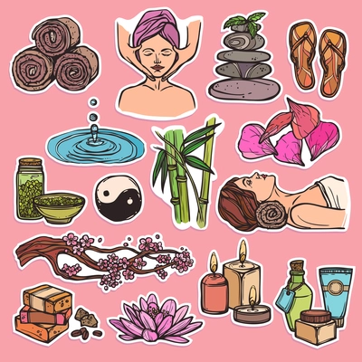 Spa therapy beauty health care wellness sketch color icons set isolated vector illustration