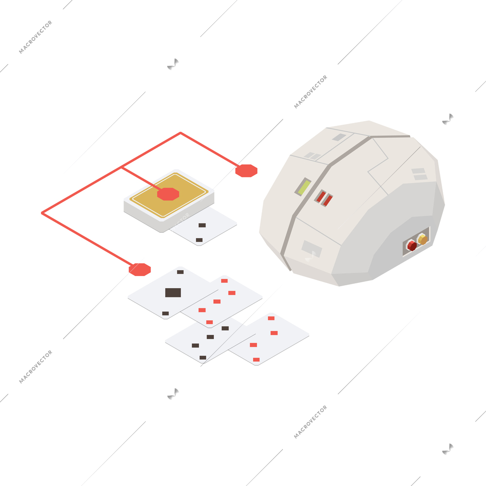 Playing cards with digital brain artificial intelligence concept isometric vector illustration