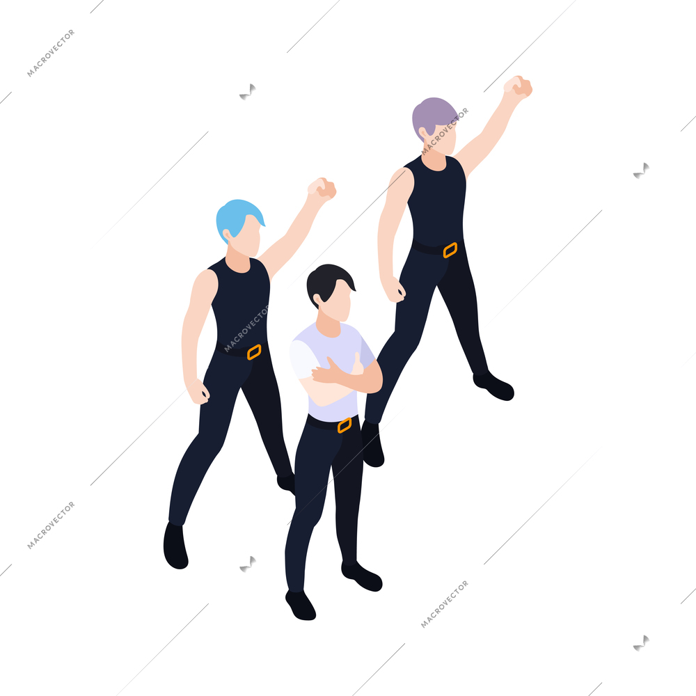 Three men from dancing group performing on stage isometric icon vector illustration