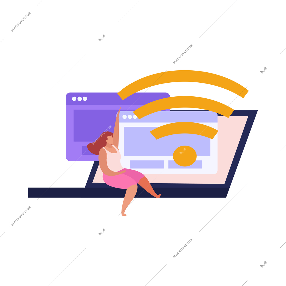 Flat wireless device icon with laptop wifi signal and woman character vector illustration