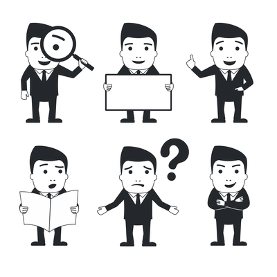 Business male office manager characters black set isolated vector illustration