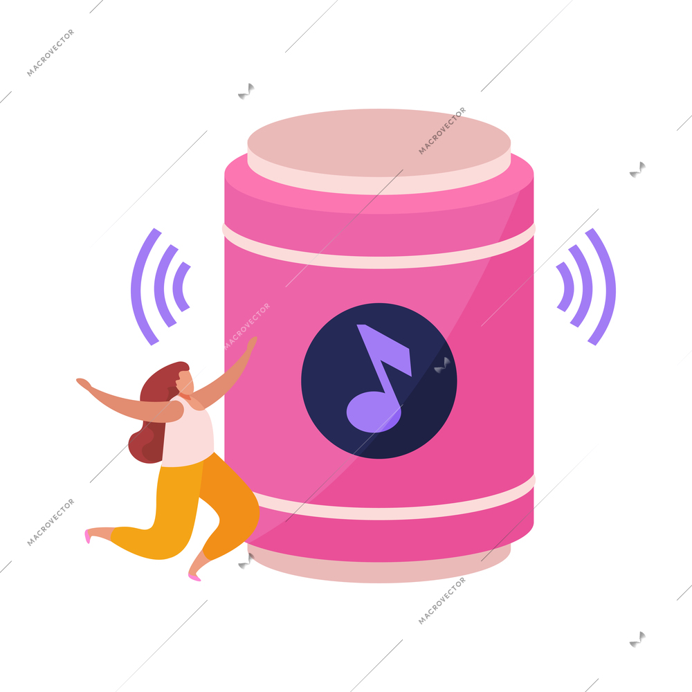 Wireless music loudspeaker and dancing character flat icon vector illustration