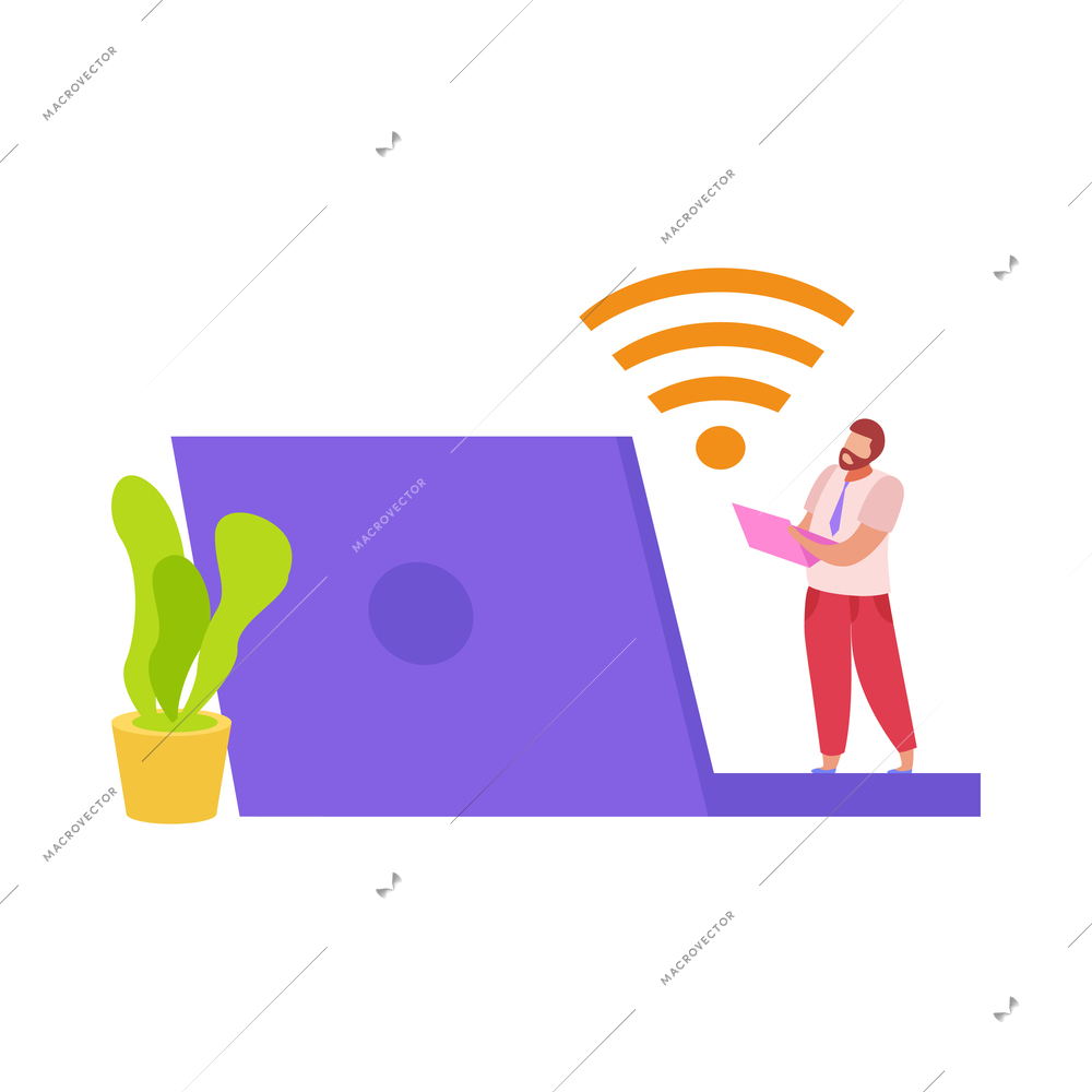 Flat character using wifi on laptop vector illustration