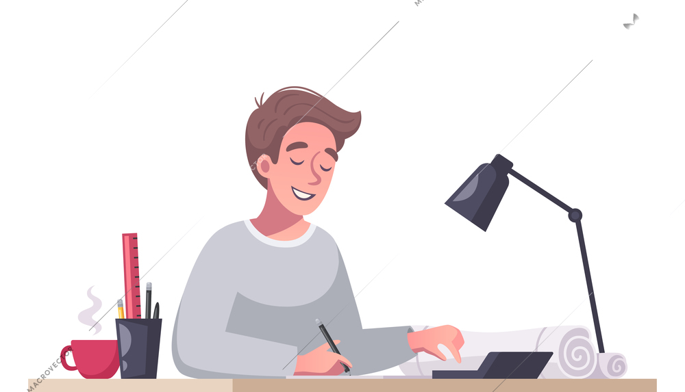 Smiling architect working at his desk cartoon vector illustration