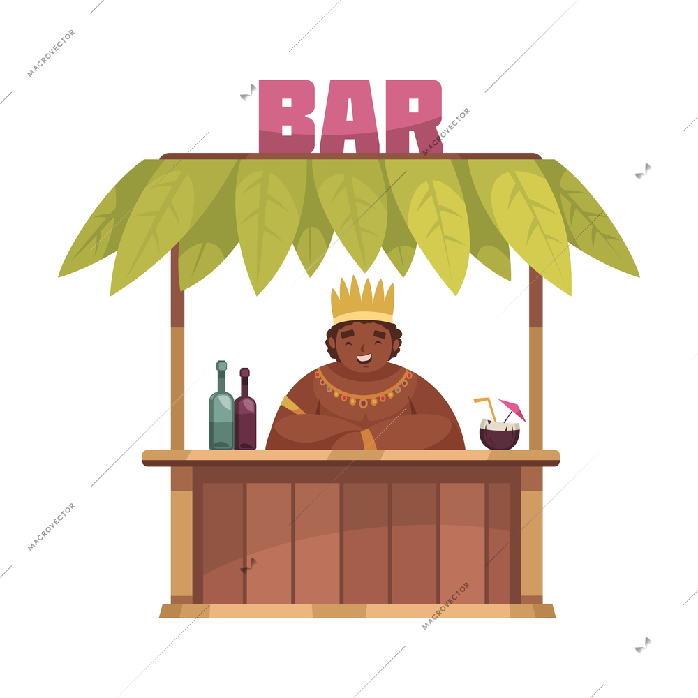 Hawaiian wooden bar stall with smiling man selling cold drinks cartoon vector illustration