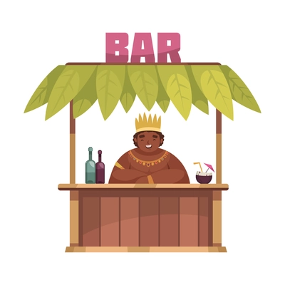 Hawaiian wooden bar stall with smiling man selling cold drinks cartoon vector illustration