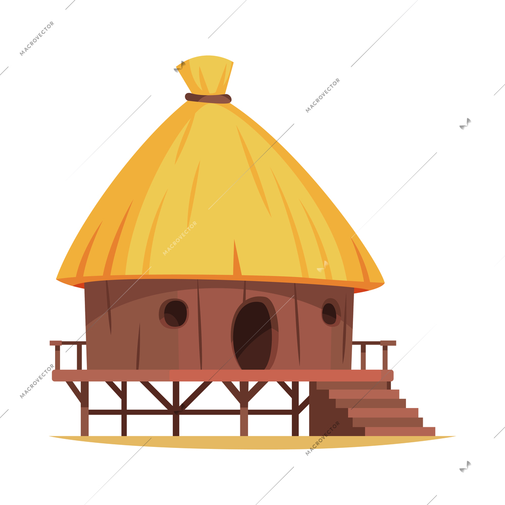 Cartoon wooden hut with straw roof on white background vector illustration