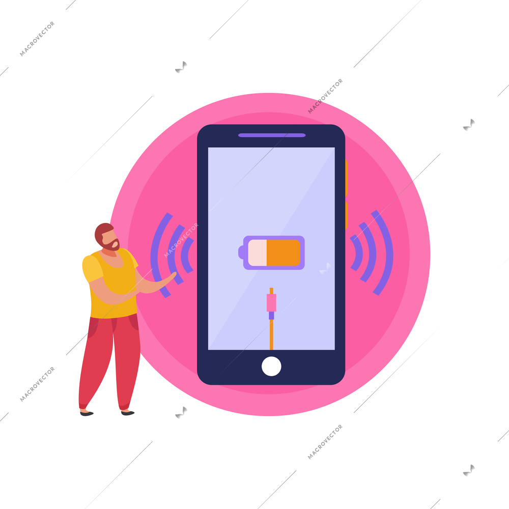Flat icon with man and smartphone charging on contactless device vector illustration