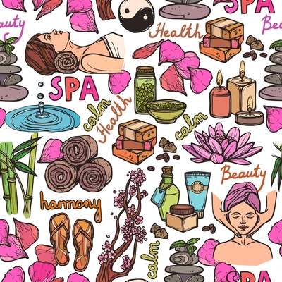 Spa therapy beauty health care wellness sketch color seamless pattern vector illustration