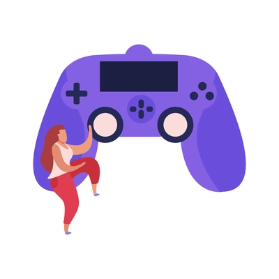 Wireless gamepad and small human character flat icon on white background vector illustration