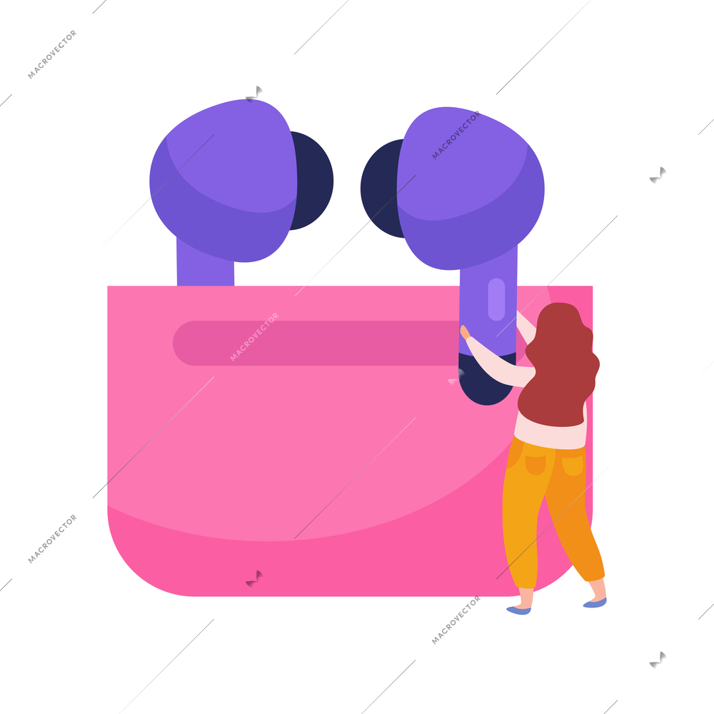 Woman putting wireless earbuds in case flat icon vector illustration