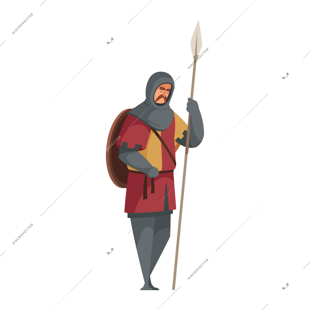 Cartoon icon of medieval knight with sword and shield on white background vector illustration