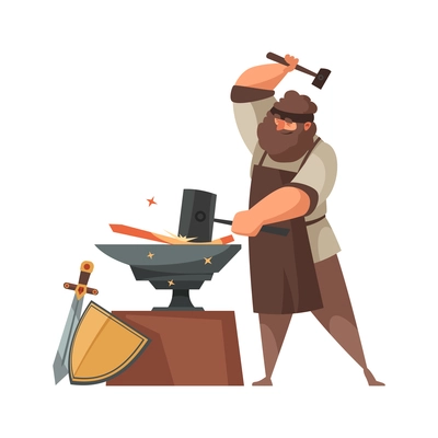 Medieval blacksmith making swords and shields on anvil cartoon vector illustration