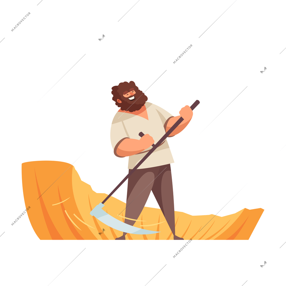 Happy man scything in field cartoon vector illustration