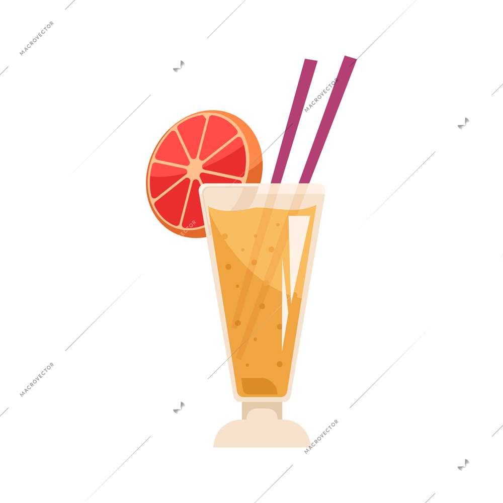 Cocktail with grapefruit slice and two straws cartoon vector illustration