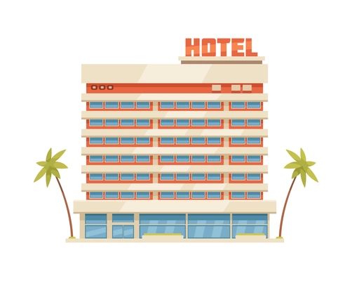 Hotel building in tropical country with palms cartoon icon vector illustration
