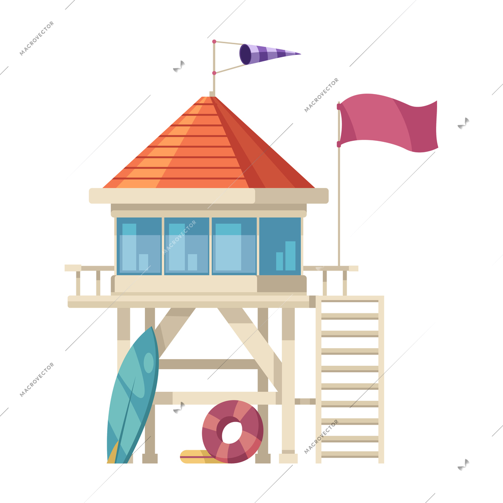 Lifeguard tower with surfboard and flotation ring cartoon icon on white background vector illustration