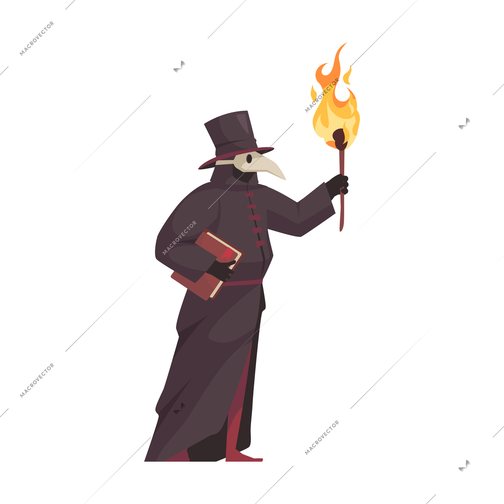 Medieval plague doctor wearing mask holding book and torch cartoon vector illustration