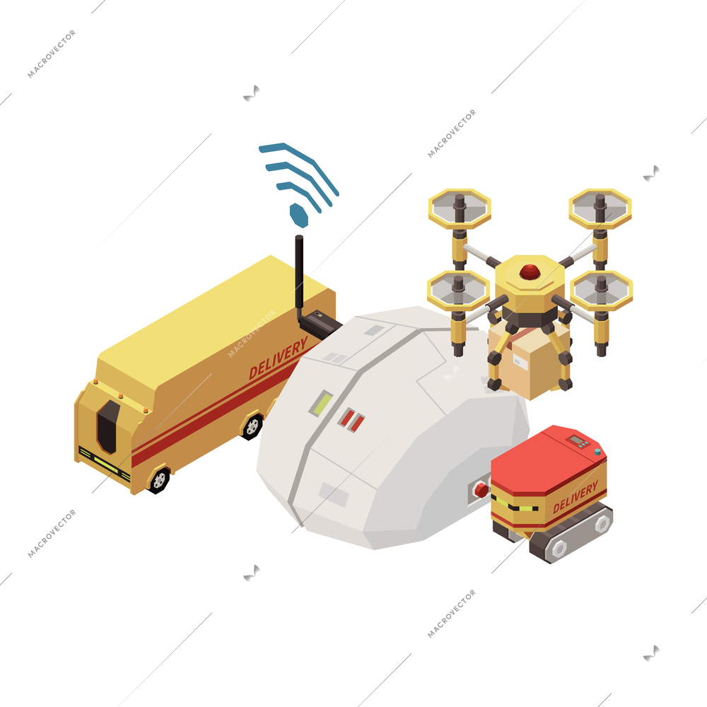 Artificial intelligence concept with digital brain controlling delivery transport isometric vector illustration