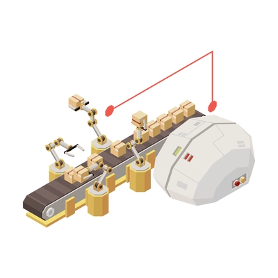 Artificial intelligence icon with remote control of robotic arms on assembly line isometric vector illustration